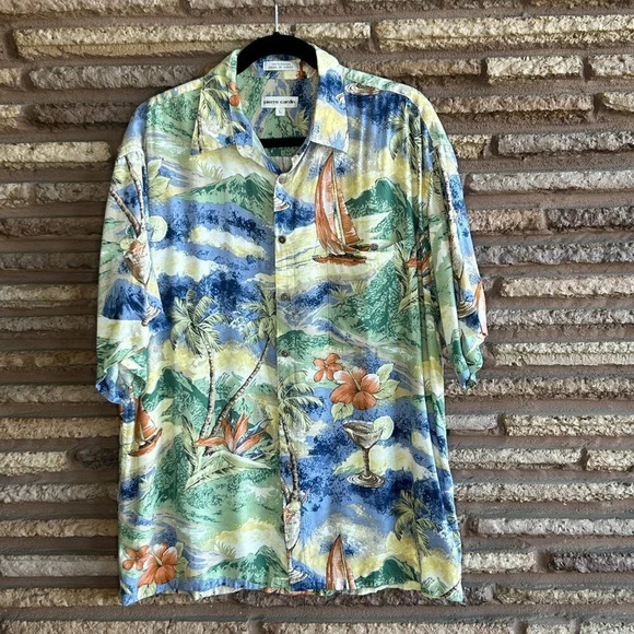 Pierre Cardin Vintage Rayon Hawaiian Sailboat Landscape Shirt Size Large - Picture 1 of 8